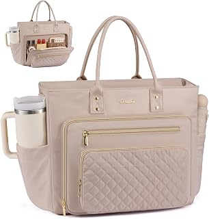 LOVEVOOK Teacher Tote Bag for Women Work, Laptop Bag With Large Cup Holder, Nurse Bags Professional Briefcase Business Computer Purses Handbag,Light Pink,15.6 Inch