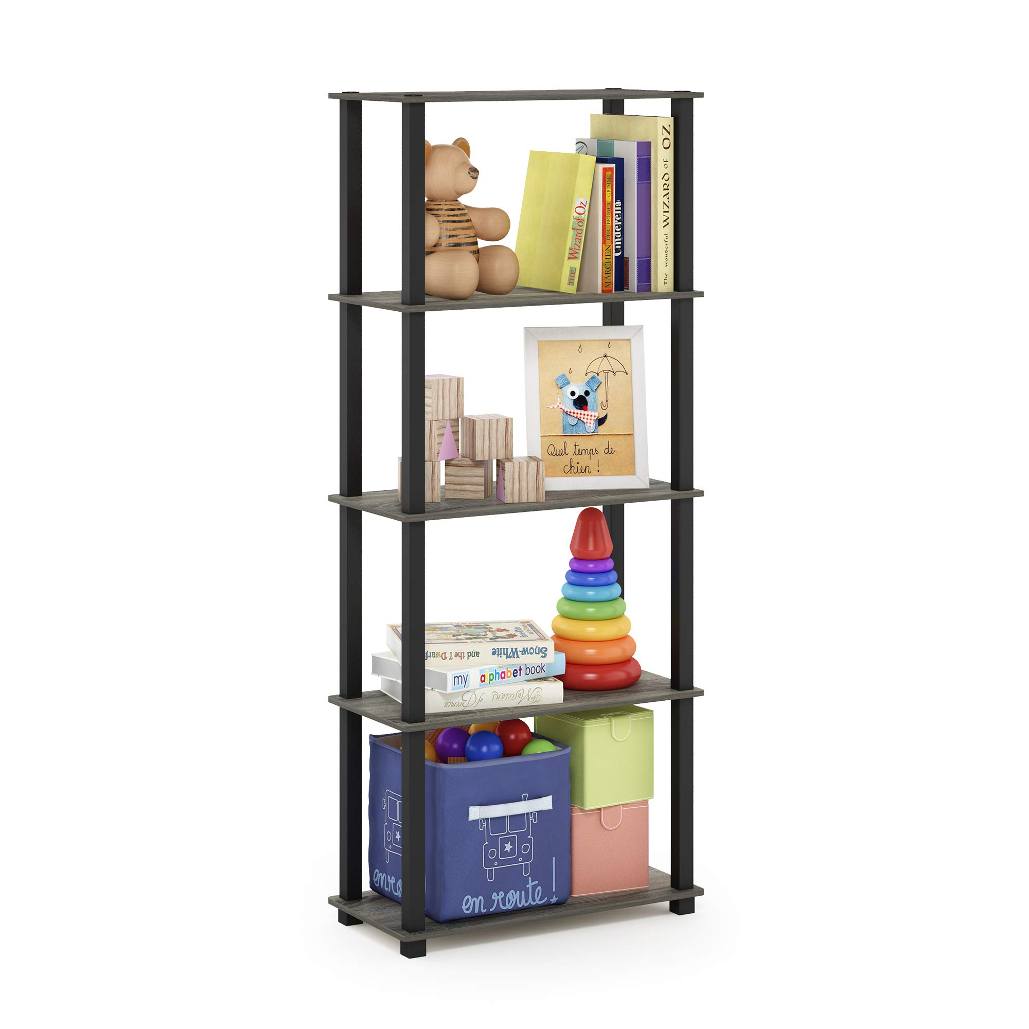 Furinno Multi-Purpose Display Shelf Rack French Oak/Black 5-Tier with Square Tub