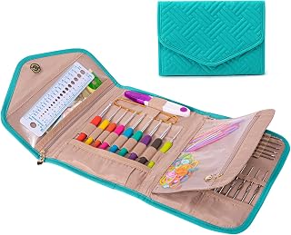 MYBAGZING Crochet Hook Holder Case, Foldable Organizer for Crochet Supplies | Crochet hook organizer with multiple slots and pockets for crochet hooks,knitting needles, stitch markers,accessories