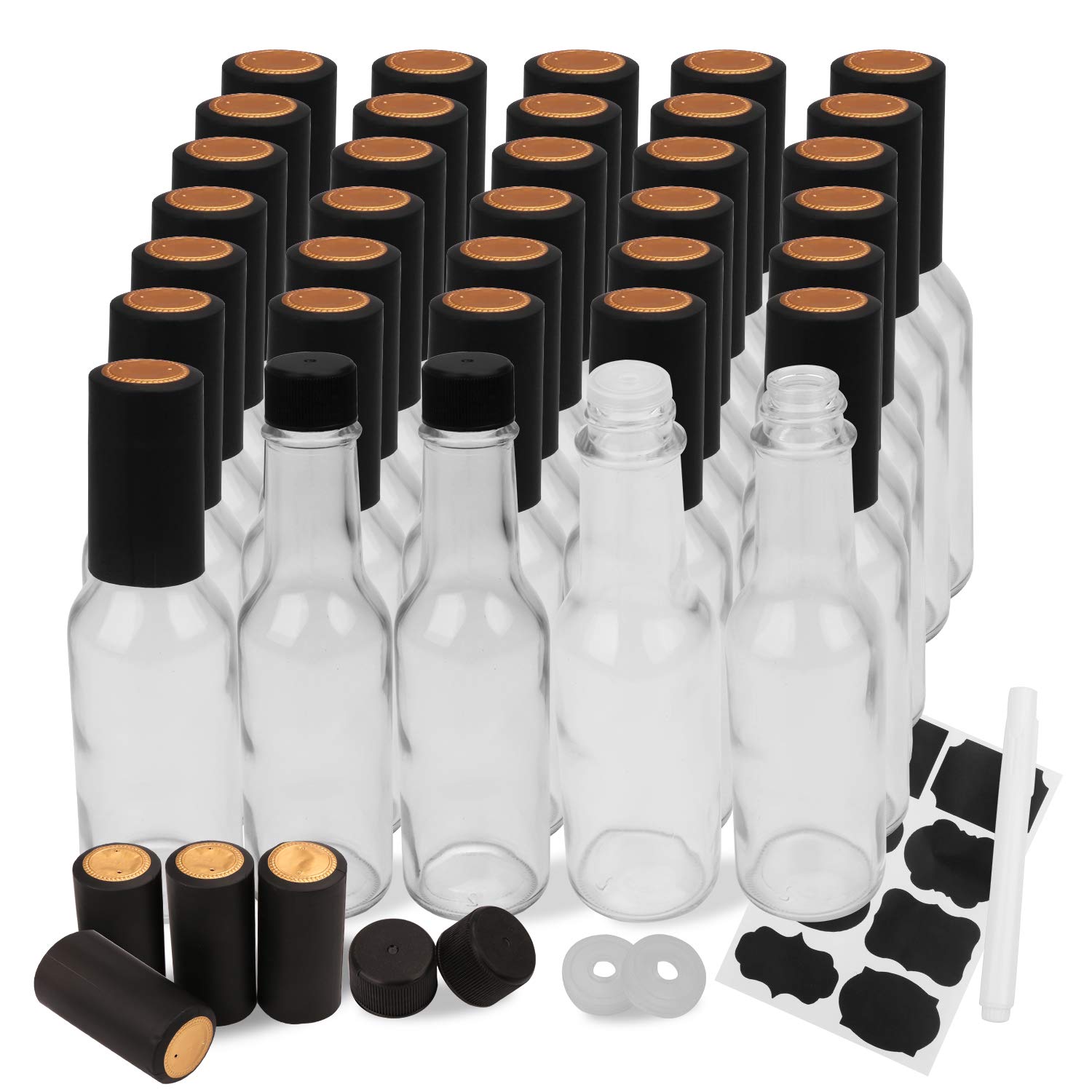 Encheng 35 Pack 5oz Hot Sauce Bottles with Lids,Glass Woozy Bottles with Dripper