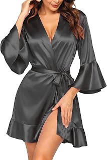 Ekouaer Women's Satin Robe Short Ruffle Hem Silky Kimono Brides Bathrobes