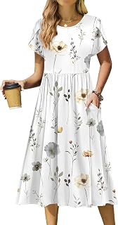 Zeagoo Women Summer Midi Dress Short Sleeve Casual Pockets Aline Flowy Tshirt Dress Floral Vocation Beach Sundress
