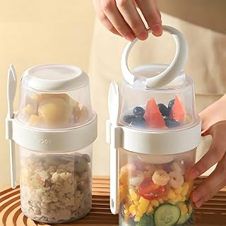 30 OZ Overnight Oats Container with Lid, 1 Pack Dual-Layer Chia Pudding Jars with Dry and Wet Sepaeation, Leak-Proof Portable Parfait Cup for Yogurt, Cereal, Fruit, Salad, BPA-Free, Reusable, White