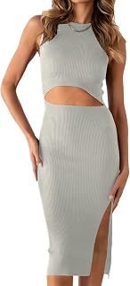 PRETTYGARDEN Women's Summer Midi Bodycon Dress Casual Crew Neck Side Slit Sleeveless Knit Cut Out Tank Top Dress