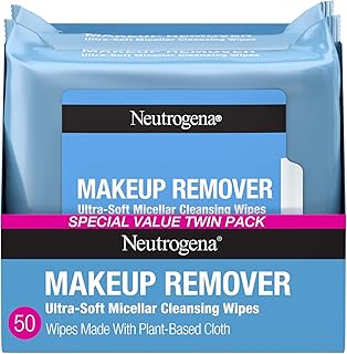 Neutrogena Makeup Remover Micellar Wipes, 2 Pack of 25 Ct | Plant-Based Micellar Water Cleansing Cloths, Gently Removes Oil, Dirt & Waterproof Makeup, No Heavy Residue, Alcohol-Free