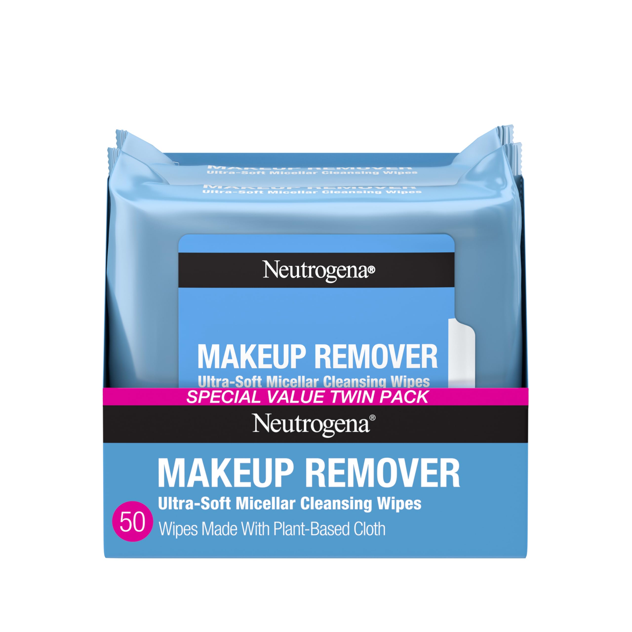 Neutrogena Makeup Remover Micellar Wipes, 2 Pack of 25 Ct | Plant-Based Micellar