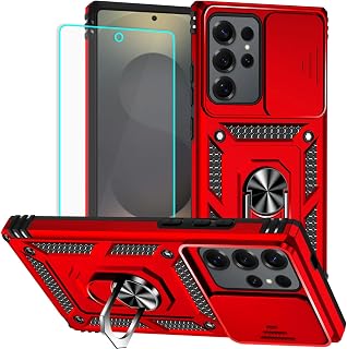 for Samsung S25 Ultra Case with Screen Protector: [Military Grade 20ft. Drop Tested] Slide Camera Cover Ring Shockproof Protective Phone Case for - Samsung Galaxy S25 Ultra (Red)