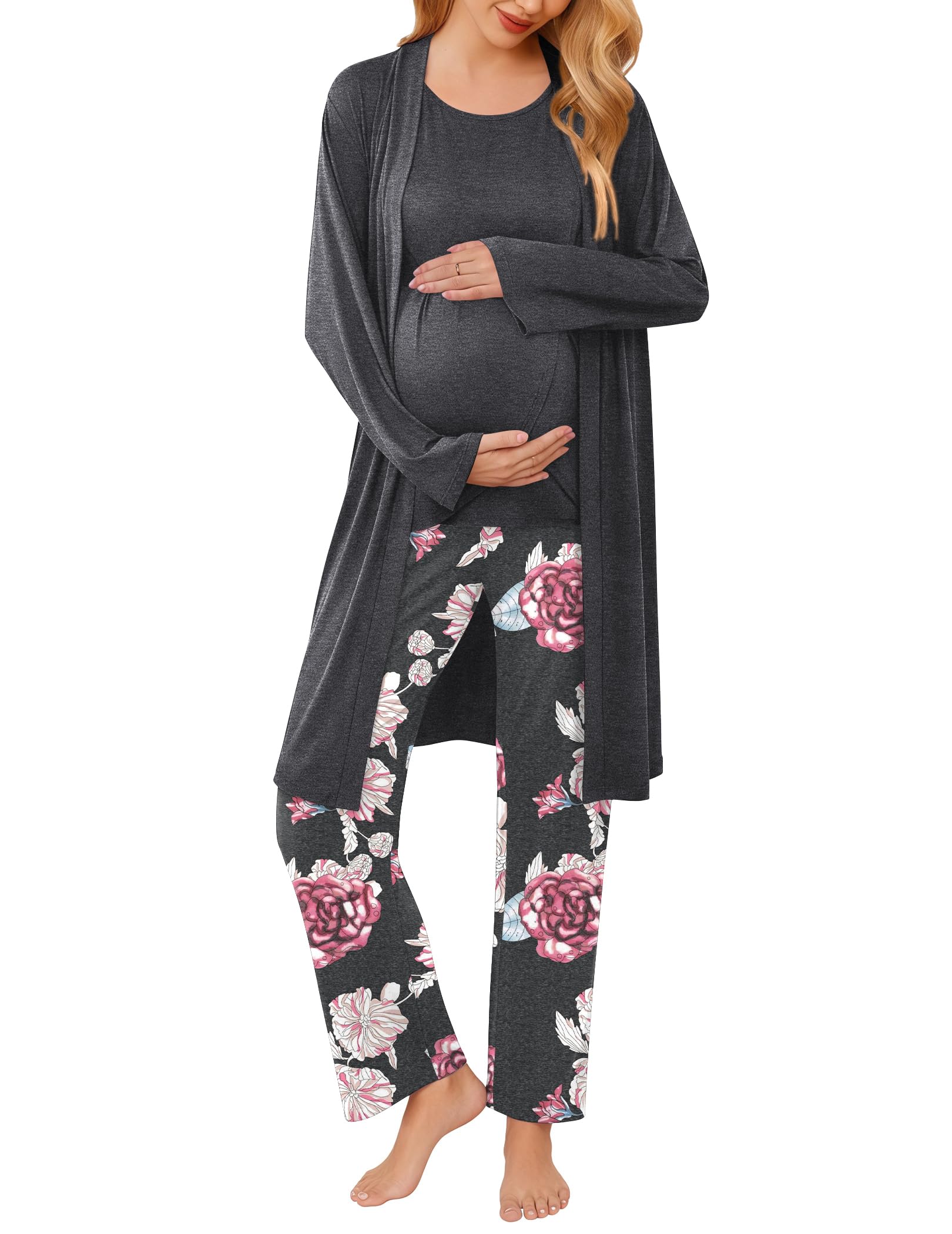 Ekouaer Maternity Pajamas Nursing Robe Set 3 Pieces Post Partum Lounge Sets