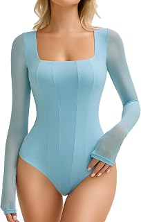 Avidlove Women's Long Sleeve Bodysuits Square Neck One Piece Body Suit Mesh Leotard Tops Double Lined Soft