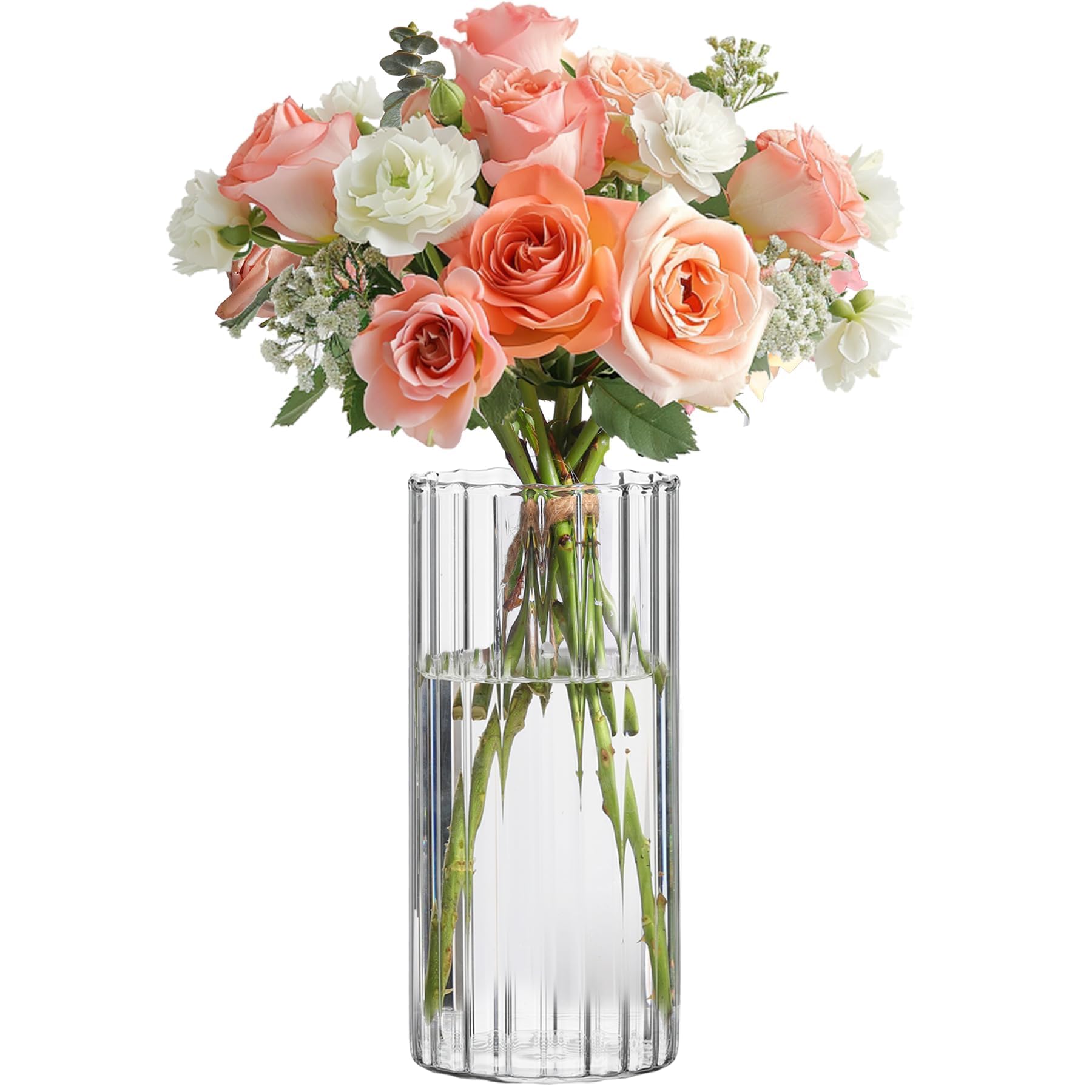 ComSaf Glass Cylinder Vase 8 Inch Tall, Clear Ribbed Decor for Centerpieces | De