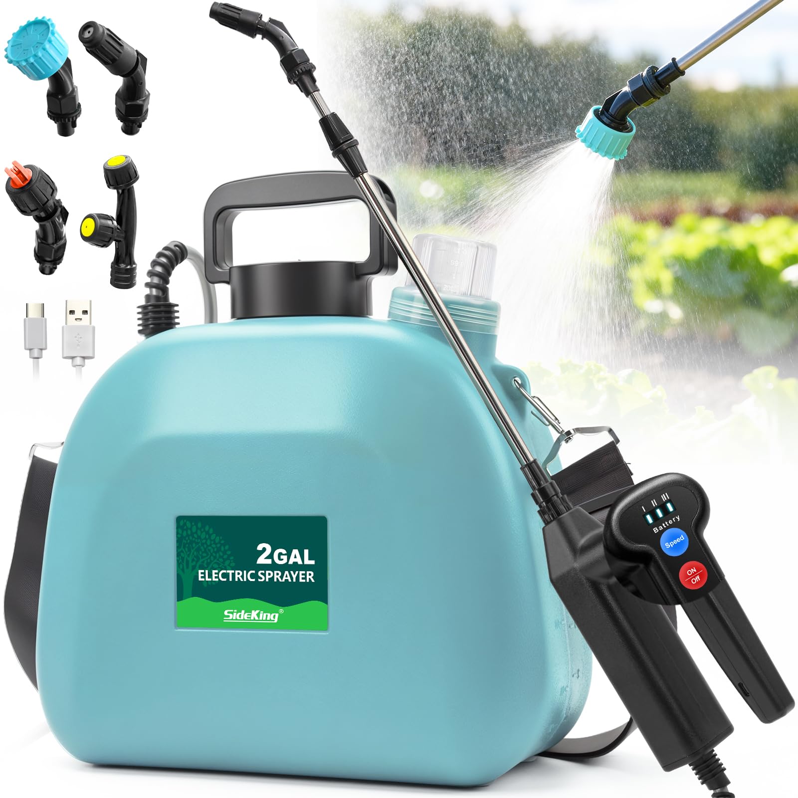 SideKing Battery Powered Sprayer 2 Gallon, Electric Weed Sprayer with 3 Pressure