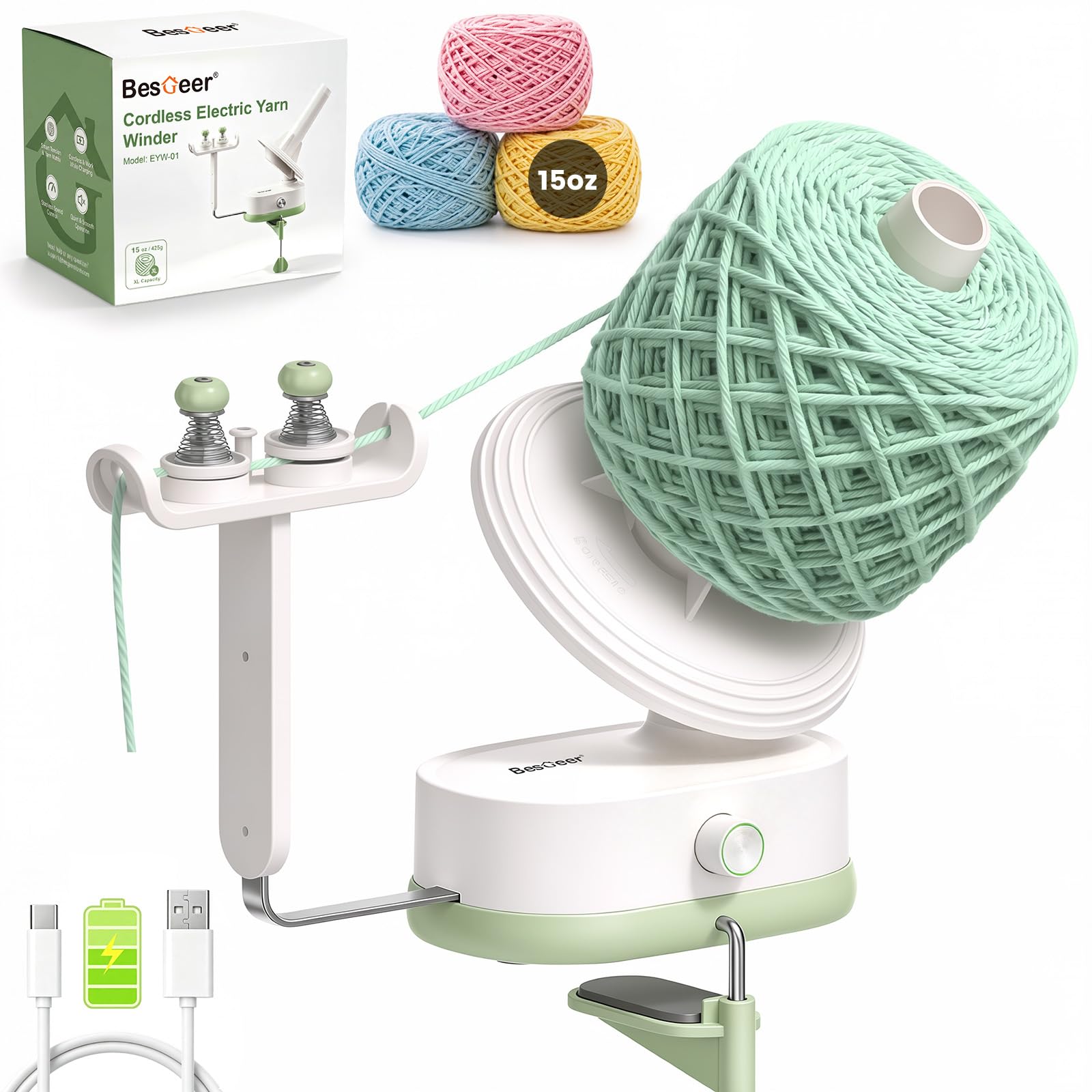 BESGEER 15 oz Cordless Electric Yarn Winder, Yarn Spinner for Crocheting | Yarn 