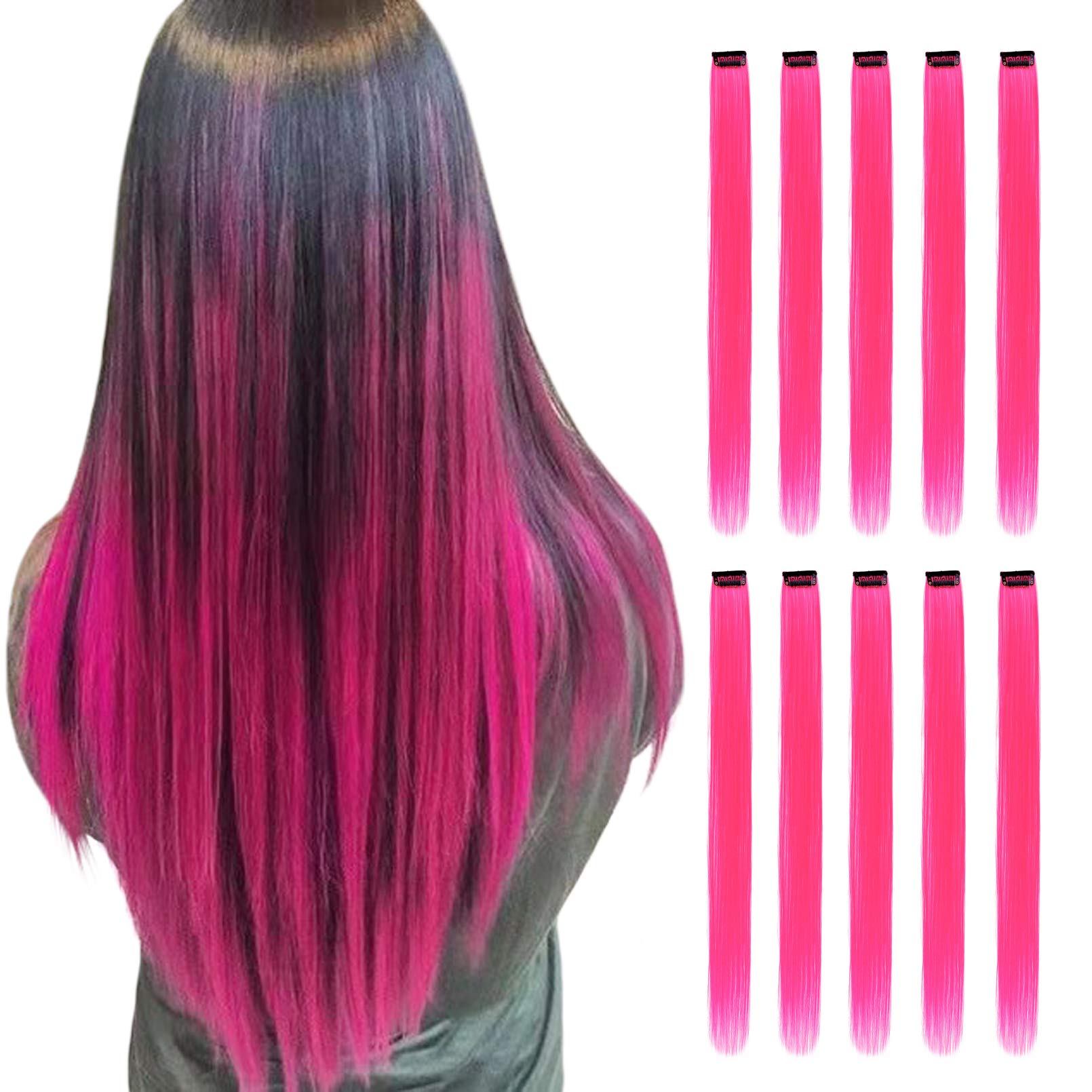 RINBOOOL Pink Hair Extensions Clip in 10 Pieces Synthetic Hairpieces