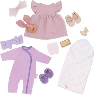 LullaBaby Baby Doll Clothes Set, 13-Piece Fashion and Bath Outfits | Fits most 14-inch baby dolls; 13 pieces with 2 outfits, shoes, slippers, 2 headbands, towel, ducky, washcloth; 2+ Years