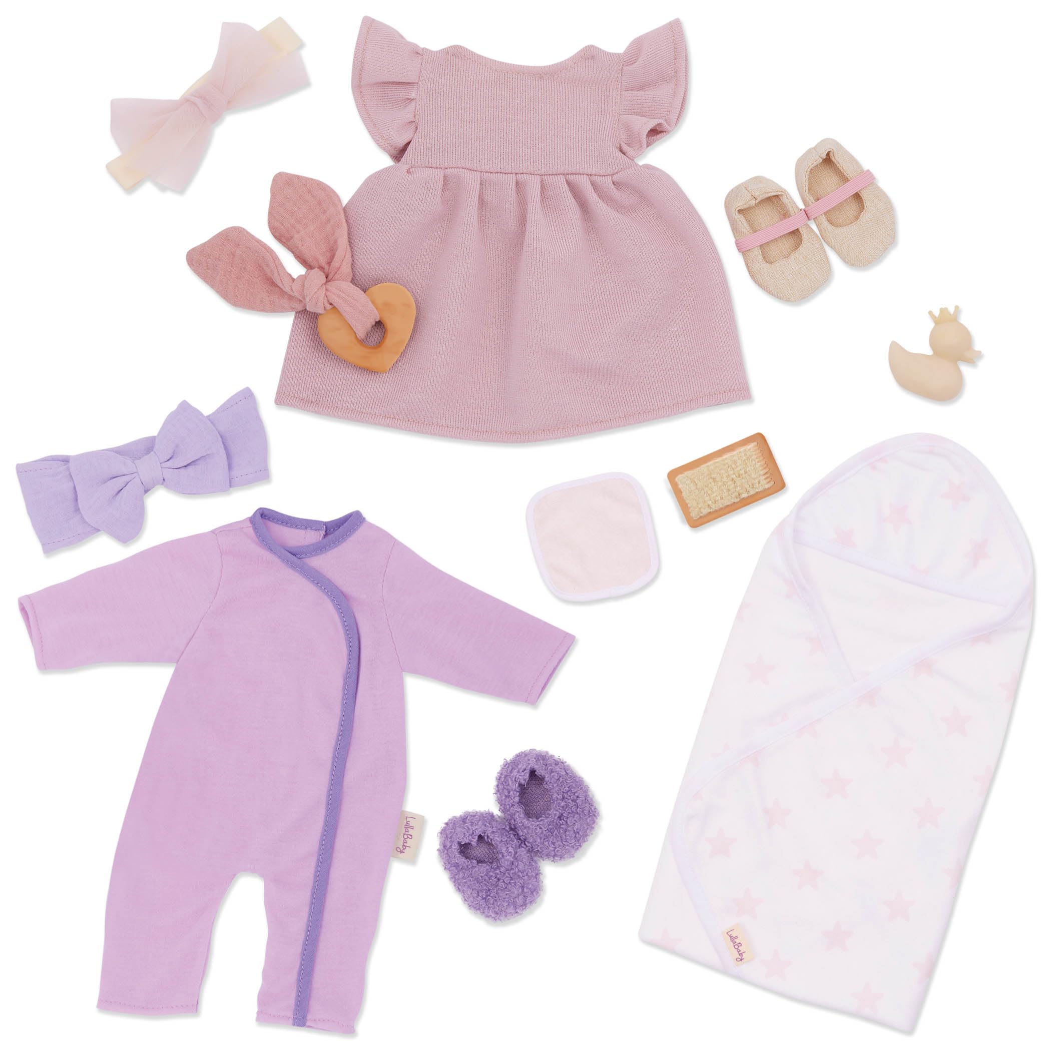 LullaBaby Baby Doll Clothes Set, 13-Piece Fashion and Bath Outfits | Fits most 1