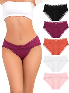 VOENXE Briefs Women's Cotton Mix Underwear Women with Lace Soft Panties Stretch Breathable Multipack Panty Women Soft Comfortable Bikini Underwear, Pack of 5 XS-XXL