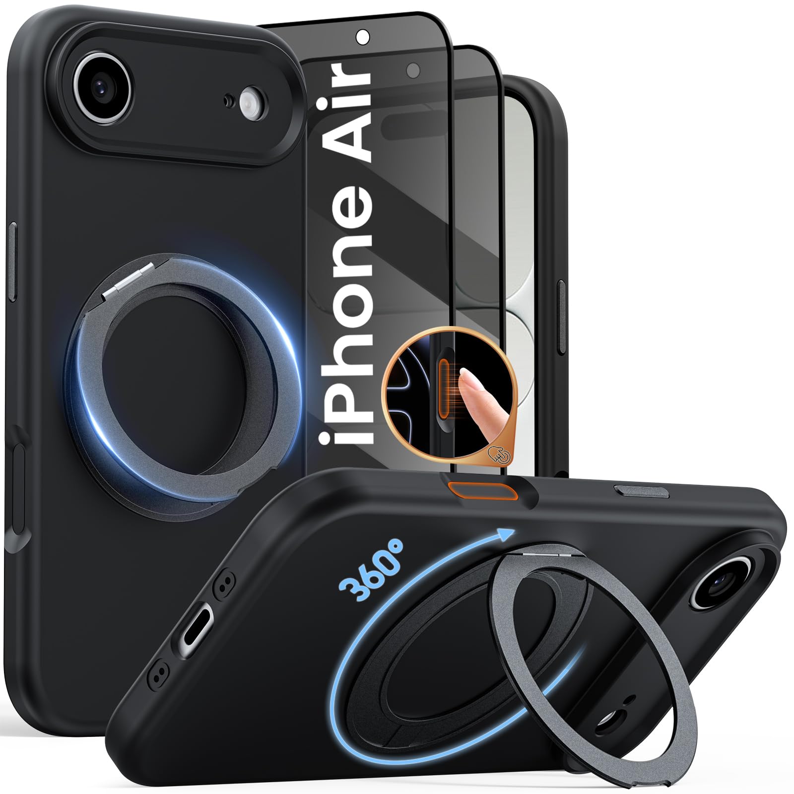 for iPhone Air Case with 360° Spin Magnetic Stand, Black