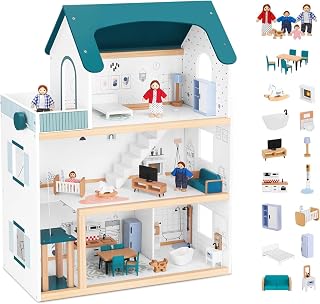 OOOK Wooden Dollhouse with Liftable Elevator - 2.6 Feet High | Modern Doll House for Kids Toddlers - Including 21 Furniture Pieces, 4 Family Dolls, and 1 pet
