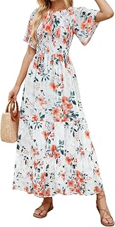 ZESICA Women's Summer Boho Floral Smocked Short Sleeve Maxi Dress