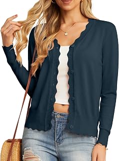 GRECERELLE Women's Cardigans Knit Long Sleeve V Neck Button Down Lightweight Ladies Scalloped Shrugs Jumper Cardigan for Dress Summer Evening Wedding