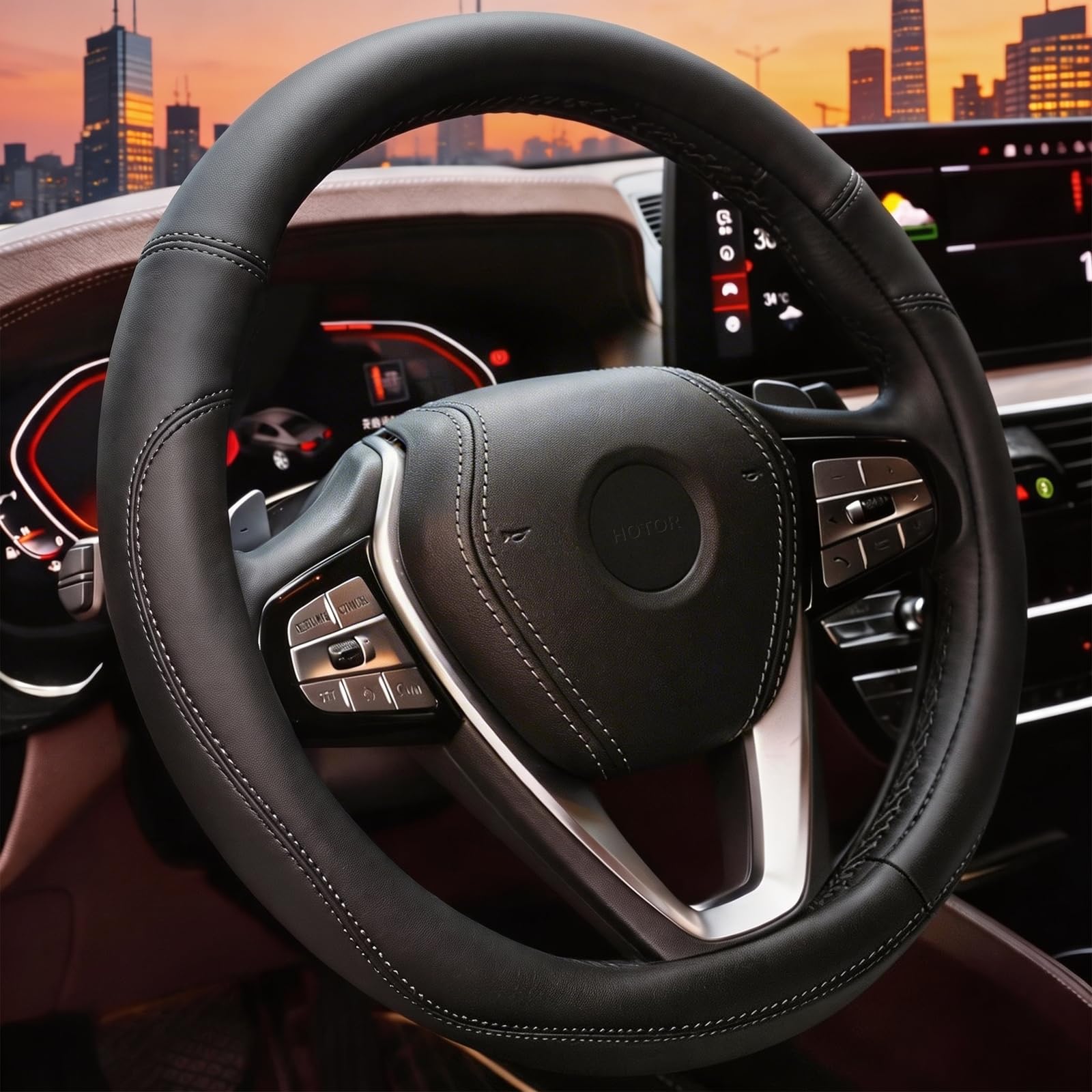 HOTOR Car Leather Steering Wheel Cover, Universal 14.5"-15",Black | Universal Ca