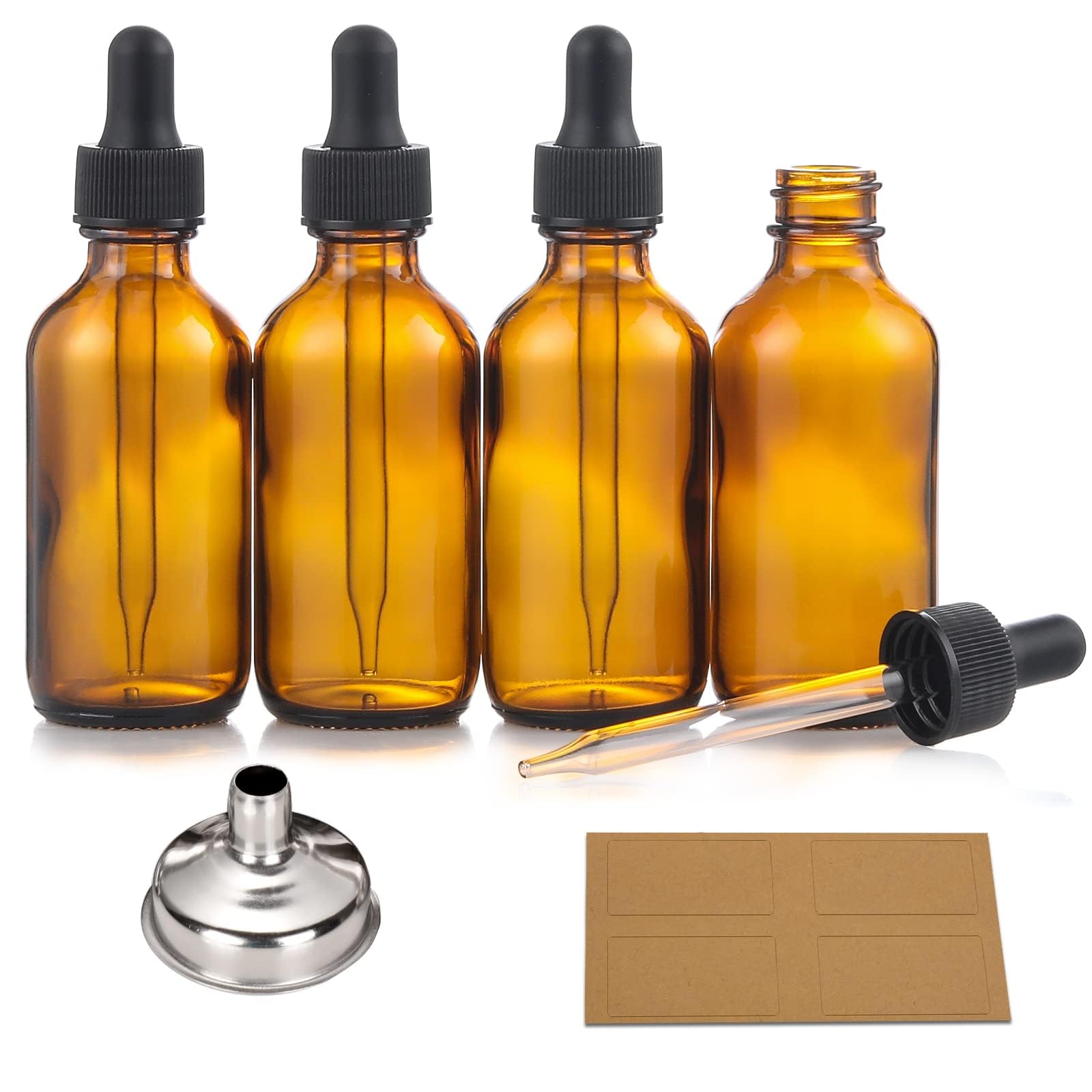4 Pack, 2 oz Bottles with Dropper & 1 Funnel & 4 Labels - Essential Oils Bottles