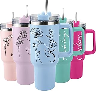 Elemtansy Personalized 40 Oz Tumbler with Handle and Straw, Custom Cup with Name & Birth Flower, Stainless Steel Travel Coffee Tumbler,Personalized Mothers Day Birthday Gifts for Women, Teen Girls