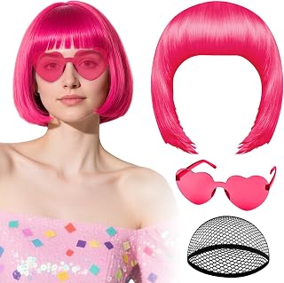 PLULON Hot Pink-Color Bob Wig with Heart Sunglasses Neon Colored Party Wig | Colorful Funny Synthetic Short Wig with Bangs, Halloween Costume Cosplay Fancy Dress, Bachelorette Girls Night Birthday Party