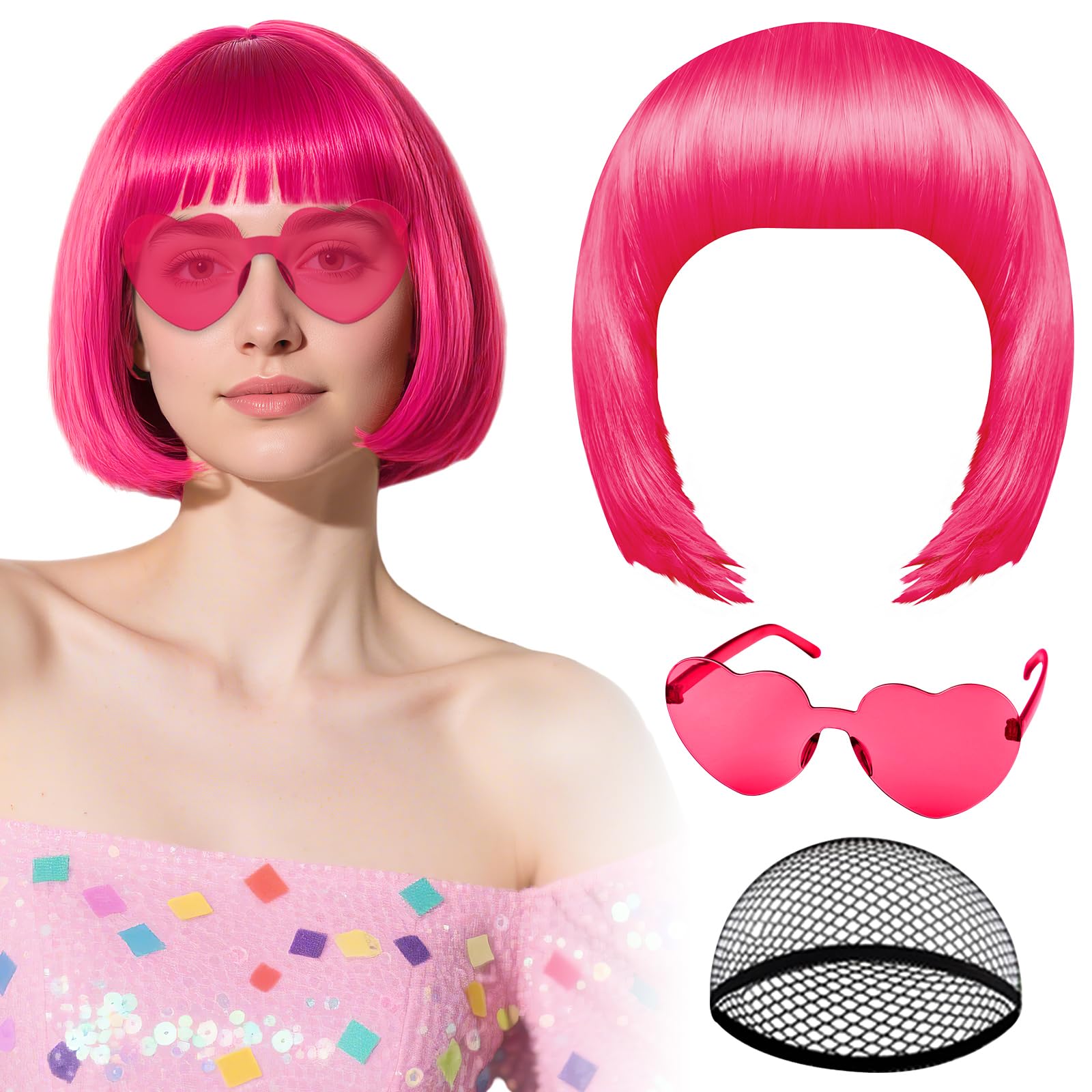 PLULON Hot Pink-Color Bob Wig with Heart Sunglasses Neon Colored Party Wig | Col