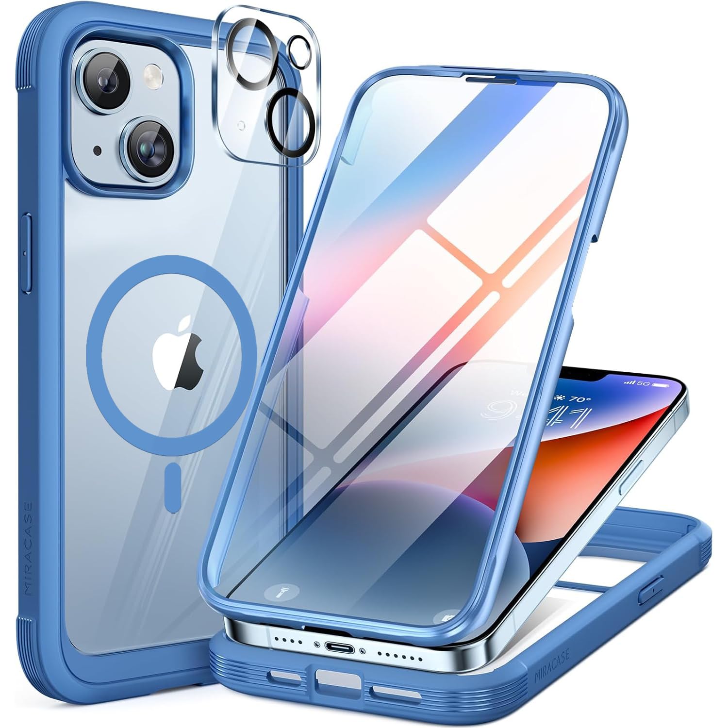 Miracase for iPhone 14 Plus Case, Full-Body Bumper&Glass Case, Capri Blue
