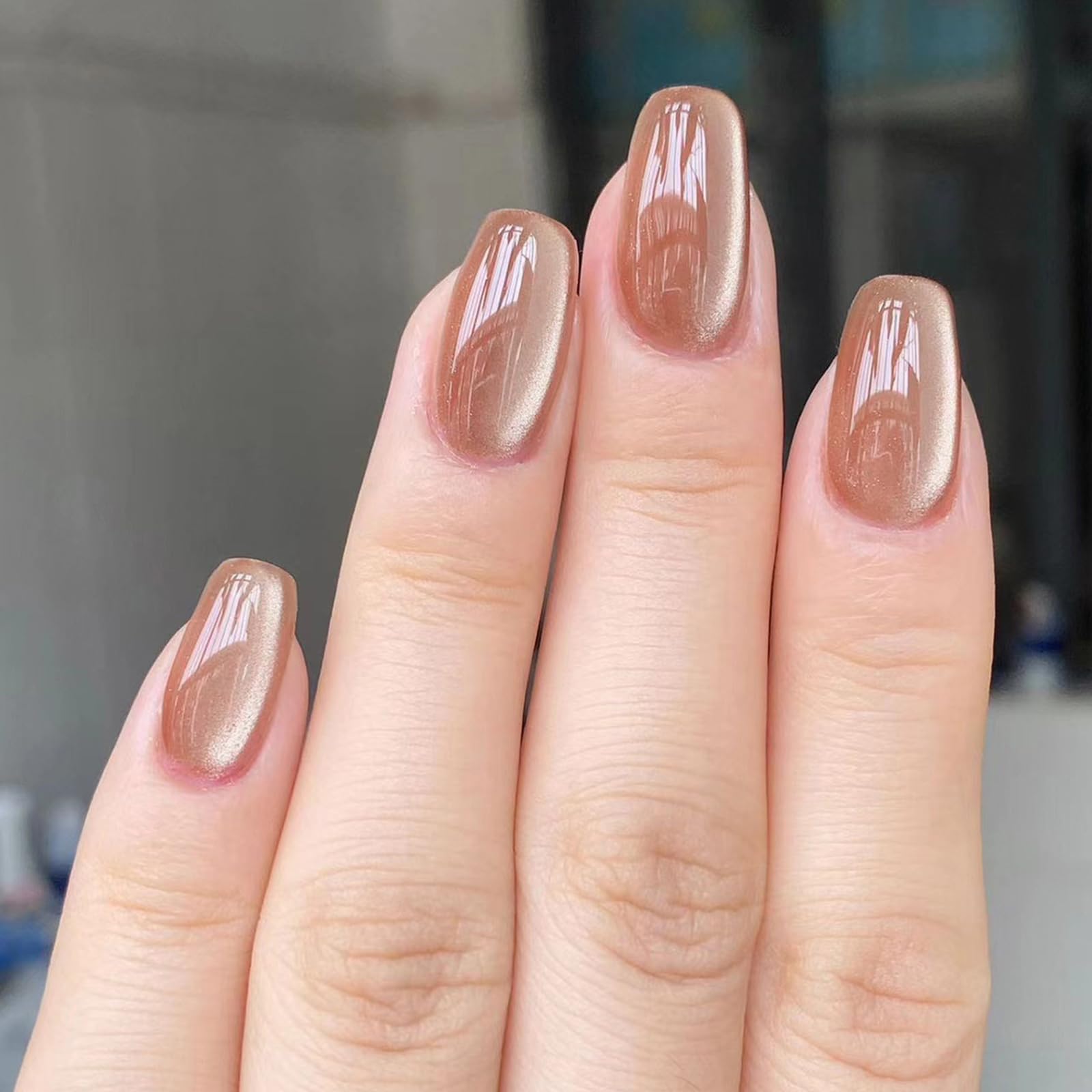 24pcs Nude Cat Eye False Nails, French Press On Nail Short Square, Pure Color Gl