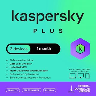 Kaspersky Plus Internet Security 2026 | 3 Device | 1 Month | AI Powered Anti-Virus | Safe Browsing | Anti-Phishing | Unlimited VPN | Password Manager | PC/Mac/Mobile | Activation Code by email