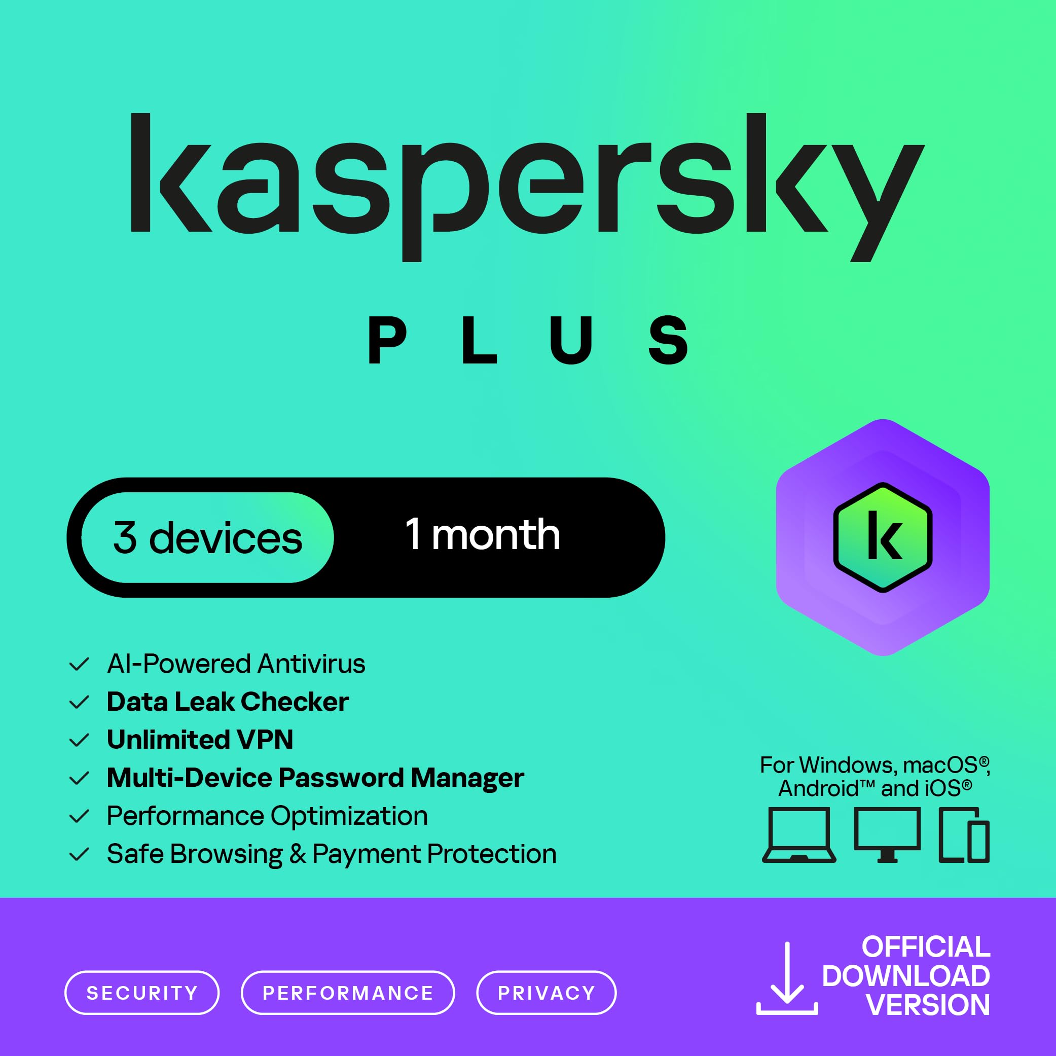Kaspersky Plus Internet Security 2026 | 3 Device | 1 Month | AI Powered Anti-Vir