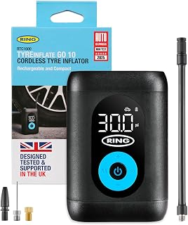 RING TYREINFLATE GO 10 Compact Cordless Tyre Inflator with Adaptor Kit | Digital Display, Measures PSI, BAR & kPA, Built-in Light, Quick Inflation, Ideal for Cars, Bikes & Inflatables