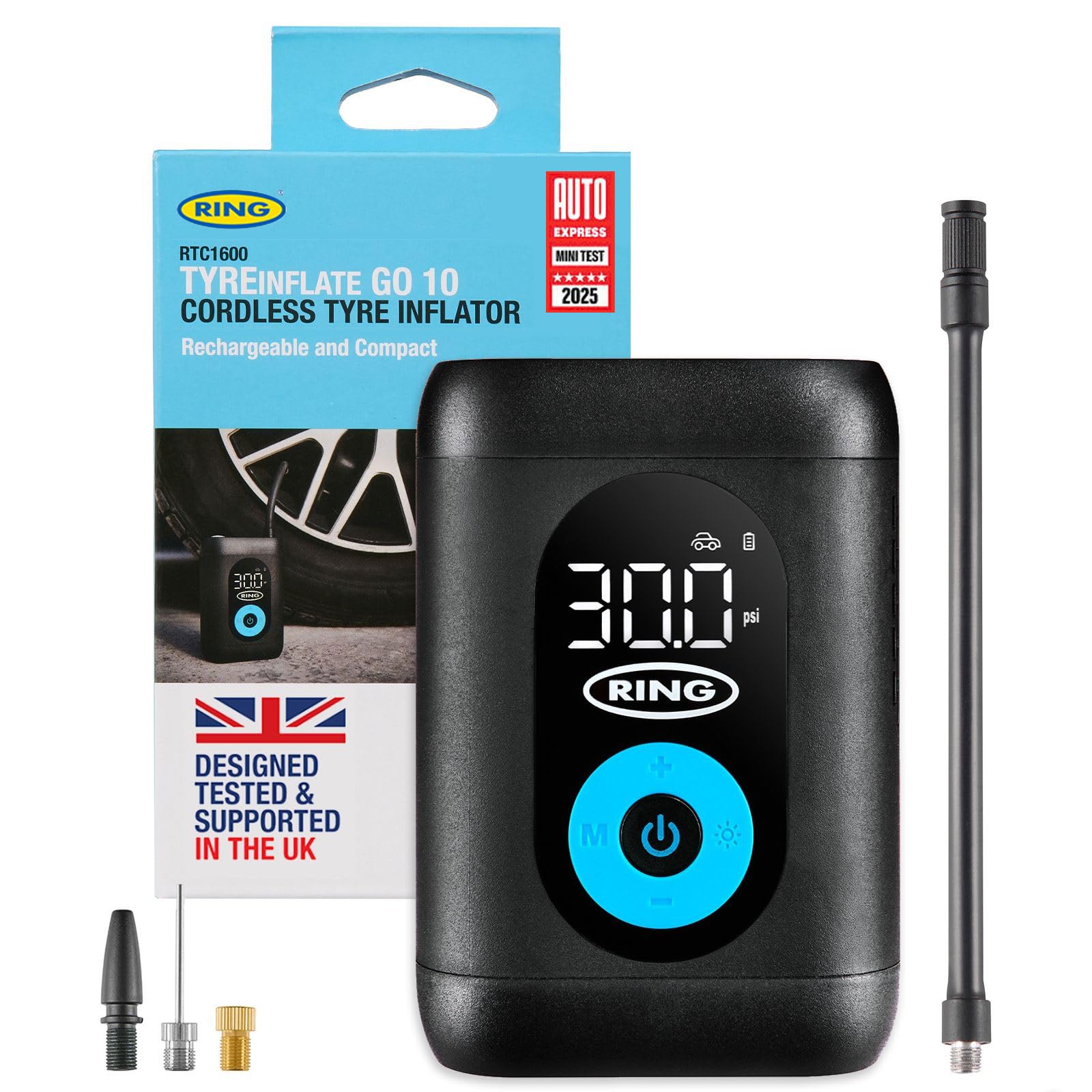 RING TYREINFLATE GO 10 Compact Cordless Tyre Inflator with Adaptor Kit | Digital