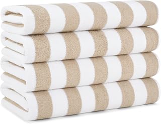 Arkwright California Cabana Stripe Beach Towel - Pack of 4, Large Soft Quick Dry 100% Cotton Terry Towels Set for Pool, Swim, and Hot Tub, Oversized 30 x 70 in, Beige