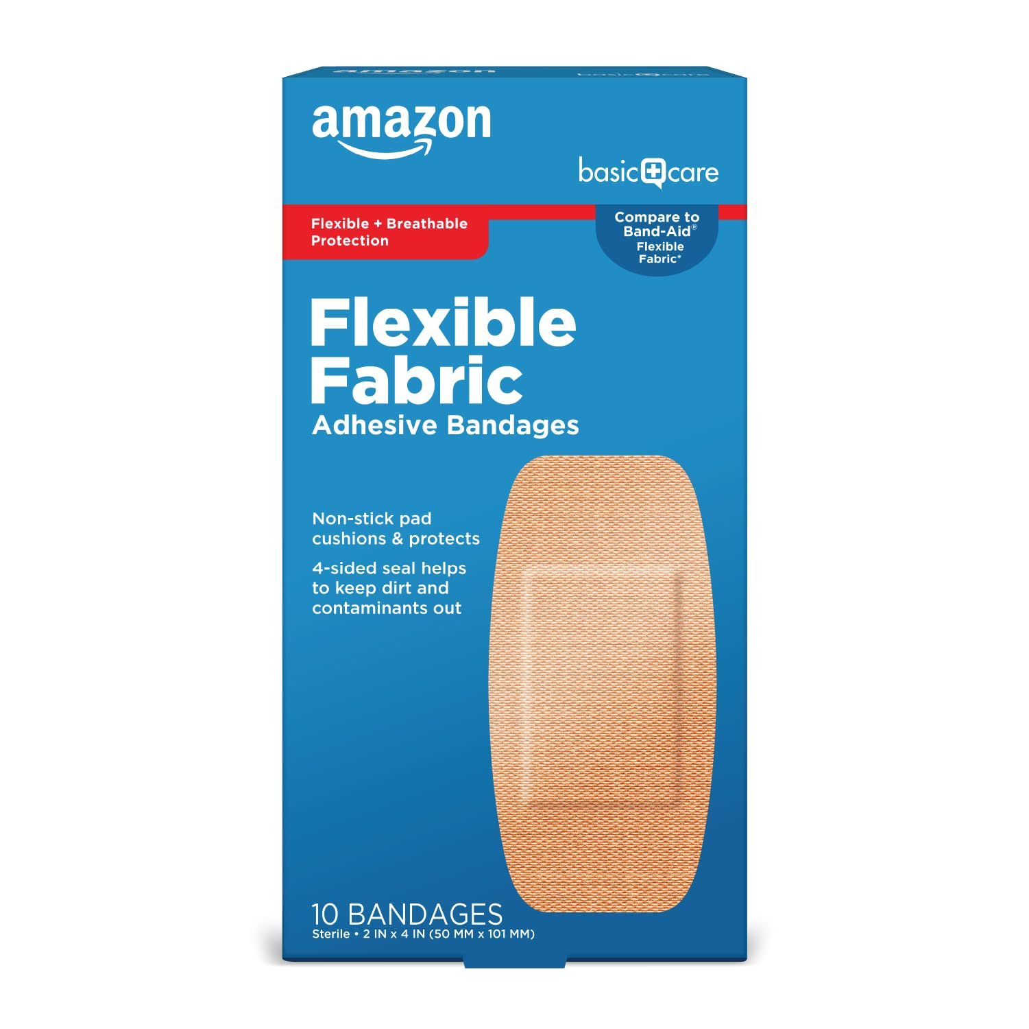 Amazon Basic Care Flexible Fabric Adhesive Bandages, XL (2 in x 4 in), Non-Stick