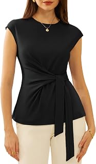 GRACE KARIN Women Cap Sleeve Tops 2025 Summer Tie Waist Crew Neck Elegant Blouse Elegant Casual Work Shirts