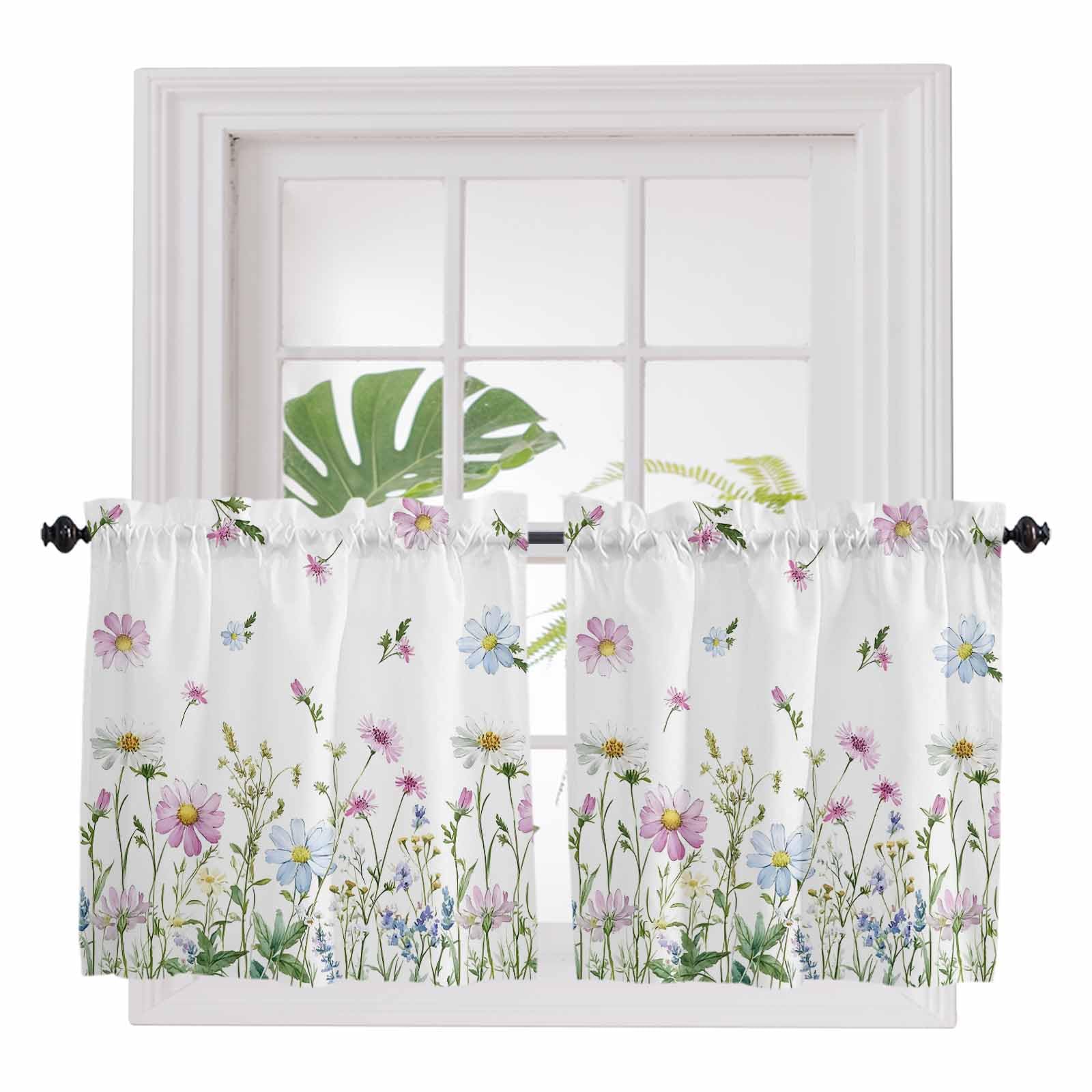 YOKOU Curtain Tiers Valance, Wildflowers Spring Watercolor Flower Floral Print P