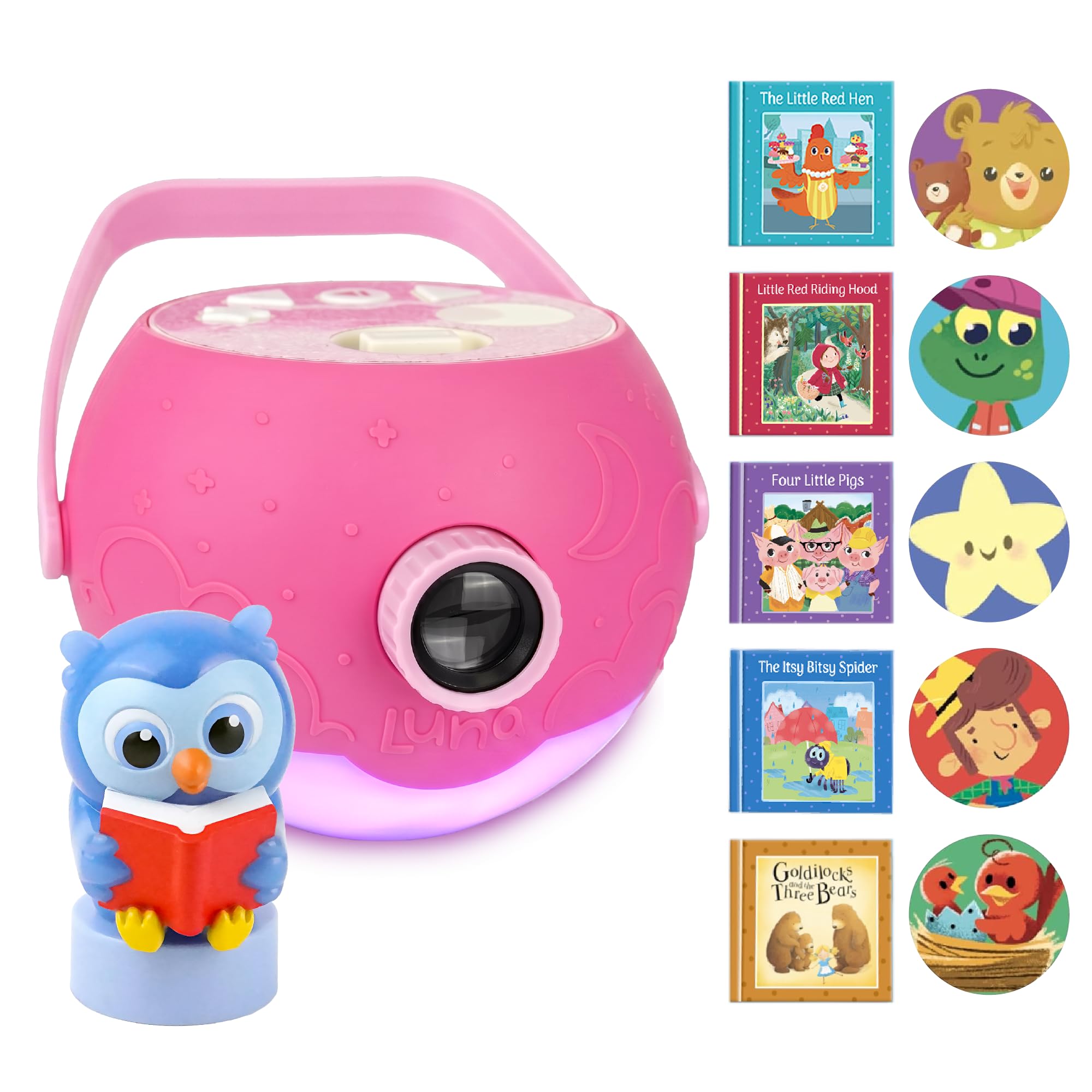 LUNA STORYTIME Kids Pink Book Projector - 5 Read Aloud Fairytale Stories, 5 Song