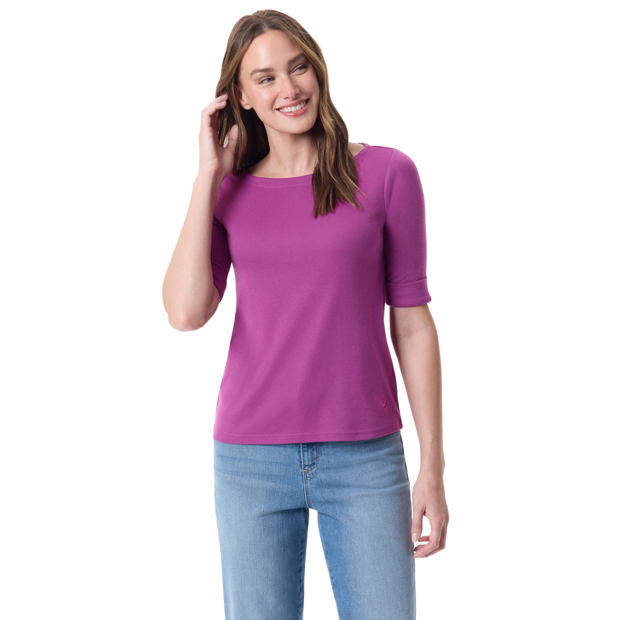 Gloria Vanderbilt Alanis Boat Neck Knit Tee Shirt with Elbow Sleeves Standard Al