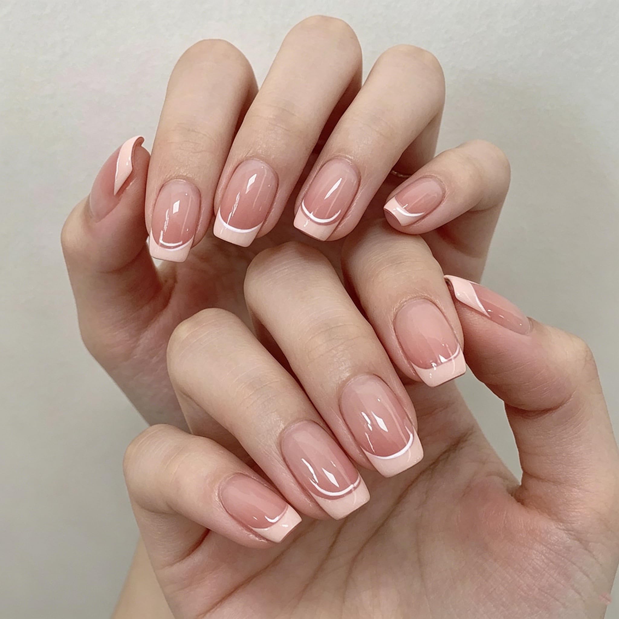 24pcs Pink French Long Square Press On Nail French False Nail Manicure Full Cove