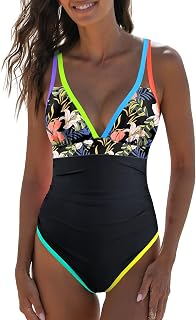 popvil Women One Piece Swimsuit 2025 Tummy Control Neon Color Block Swimwear Deep V Neck Slimming Swimsuit