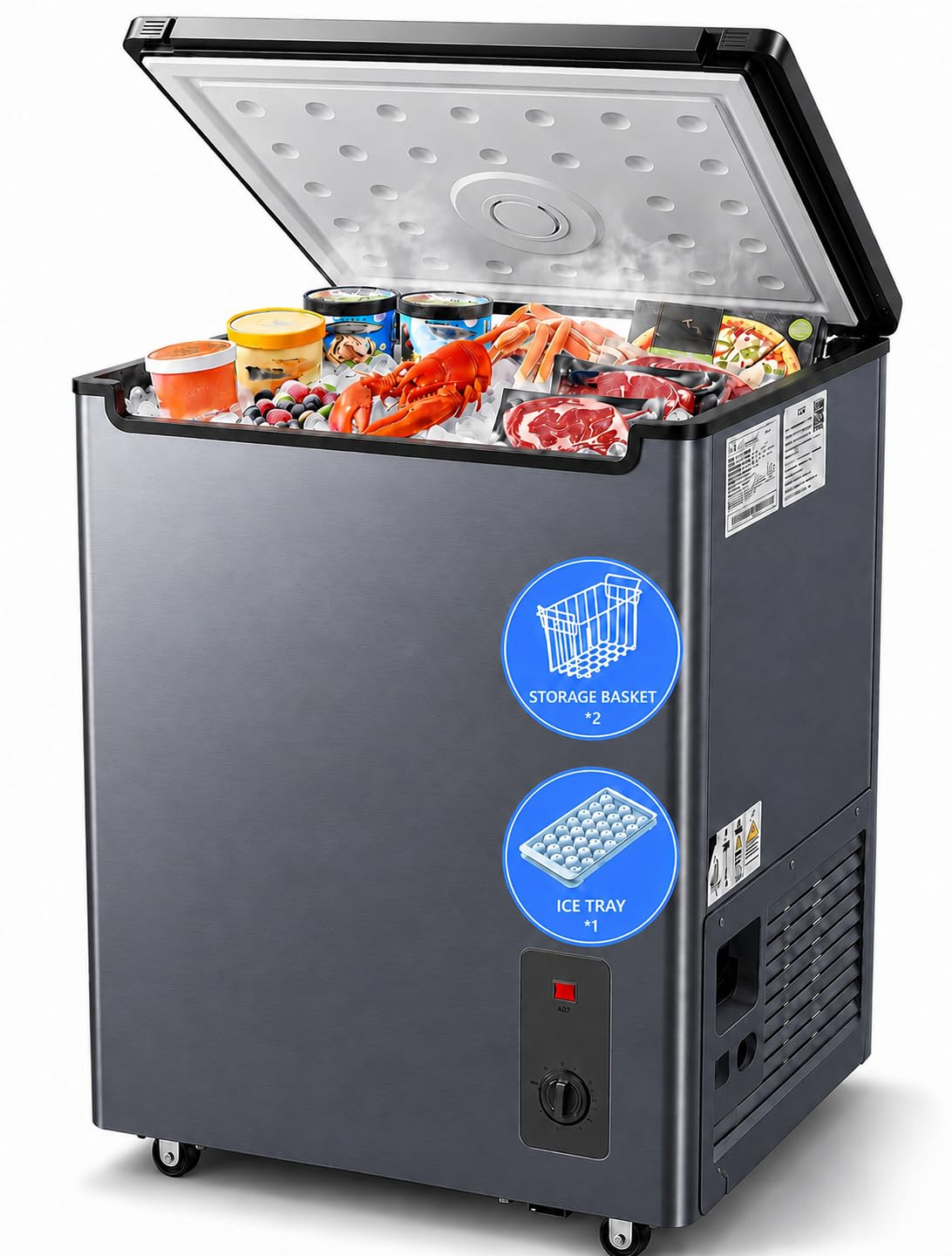 Casanta 7.0 Cu Ft Chest Freezer,Compact Deep Freezer with Basket & Wheels | Adju