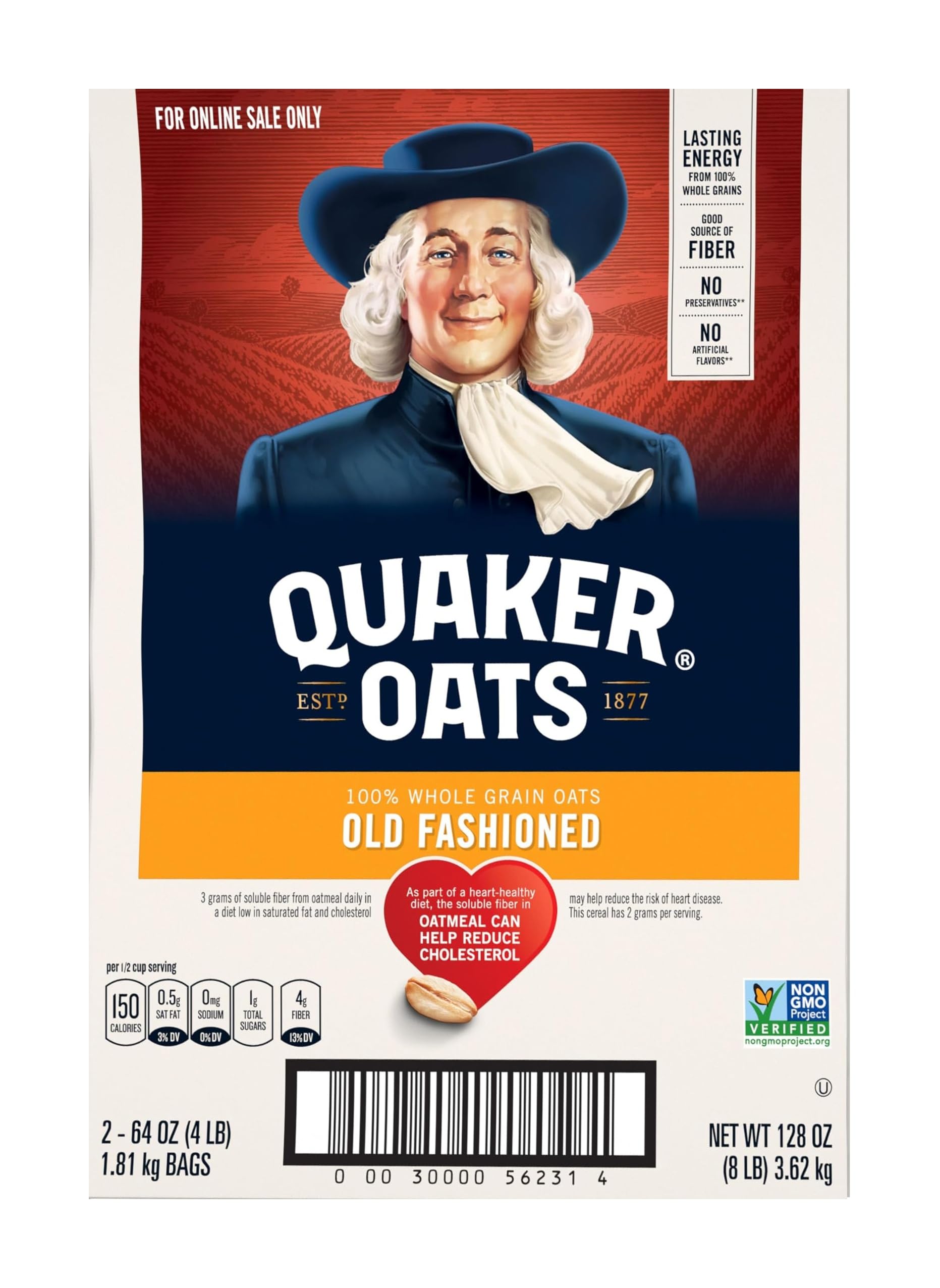 Quaker Old Fashioned Rolled Oats, Non GMO Project Verified, Two 64oz Bags in Box