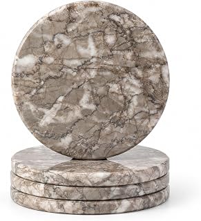 Koville Marble Coaster Set of 4, Round Coasters, 4" Stone Coaster for Drinks Coffee, Marble Coasters for Coffee Table Home Bar Decor, Heat Resistant, Gift Choice(Gray)