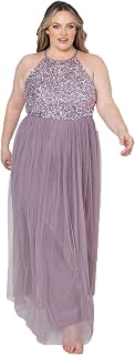 Maya Deluxe Womens Ladies Bridesmaid Maxi Dress Halter Neck Sequin Embellished Prom Graduation Wedding Bridesmaid Dress Women's