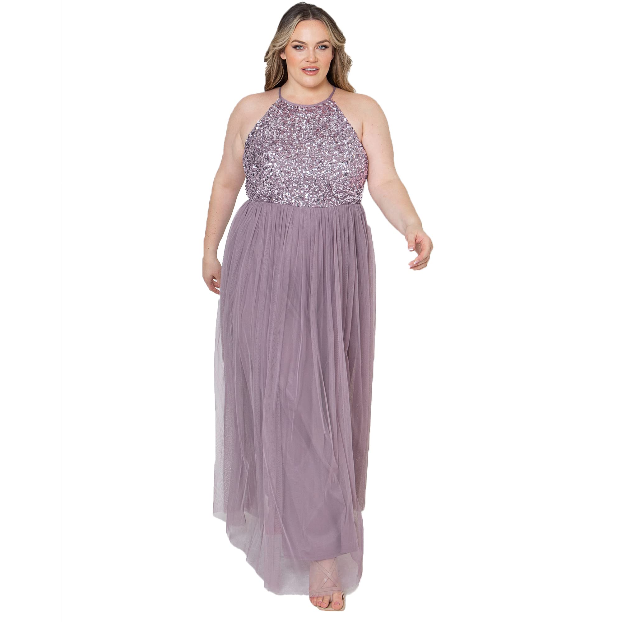 Maya Deluxe Womens Ladies Bridesmaid Maxi Dress Halter Neck Sequin Embellished P