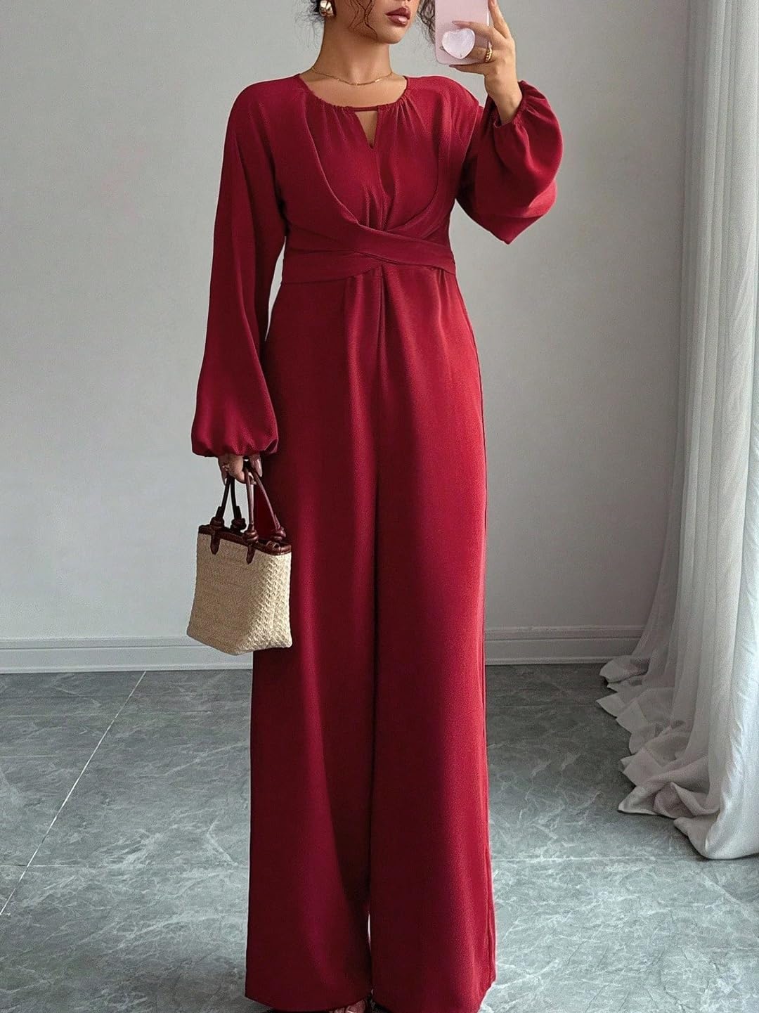Women's casual jumpsuit with balloon sleeves and wide legs