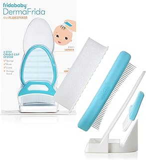 Frida The 3-Step Cradle Cap System, DermaFrida FlakeFixer, White-Blue | Sponge, Brush and Comb Set with Storage Stand for Baby's Cradle Cap, Gentle Care, White-Blue